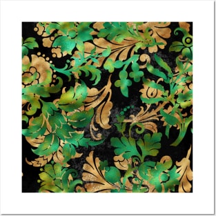 Jungle Floral Neck Gator Green Gold and Black Jungle Flowers Posters and Art